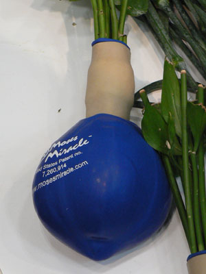テクノキイは本邦初となる切花輸送システム「デイジーパック」を出展。切花の保水剤として水入りの特殊な風船を使用
