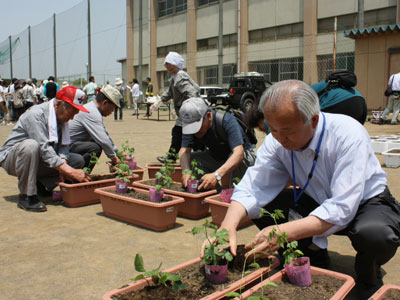 双葉町長(右)も苗の植え付けに参加