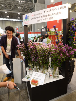 花の仲卸・ローズガーデンはブースの一部を東日本大震災で被災した産地の安代リンドウに提供