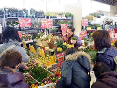 多くの買い物客で熱気あふれるフラワーマルシェ